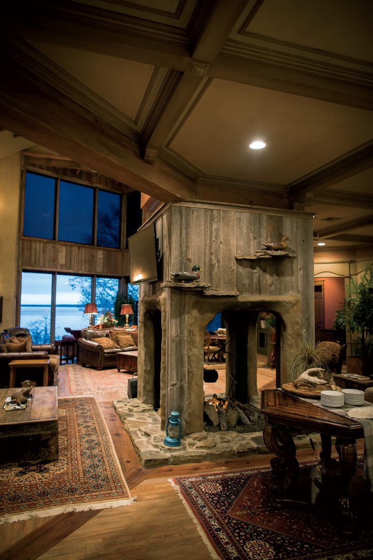 A four-sided fireplace beckons in the lodge's Grand Room.