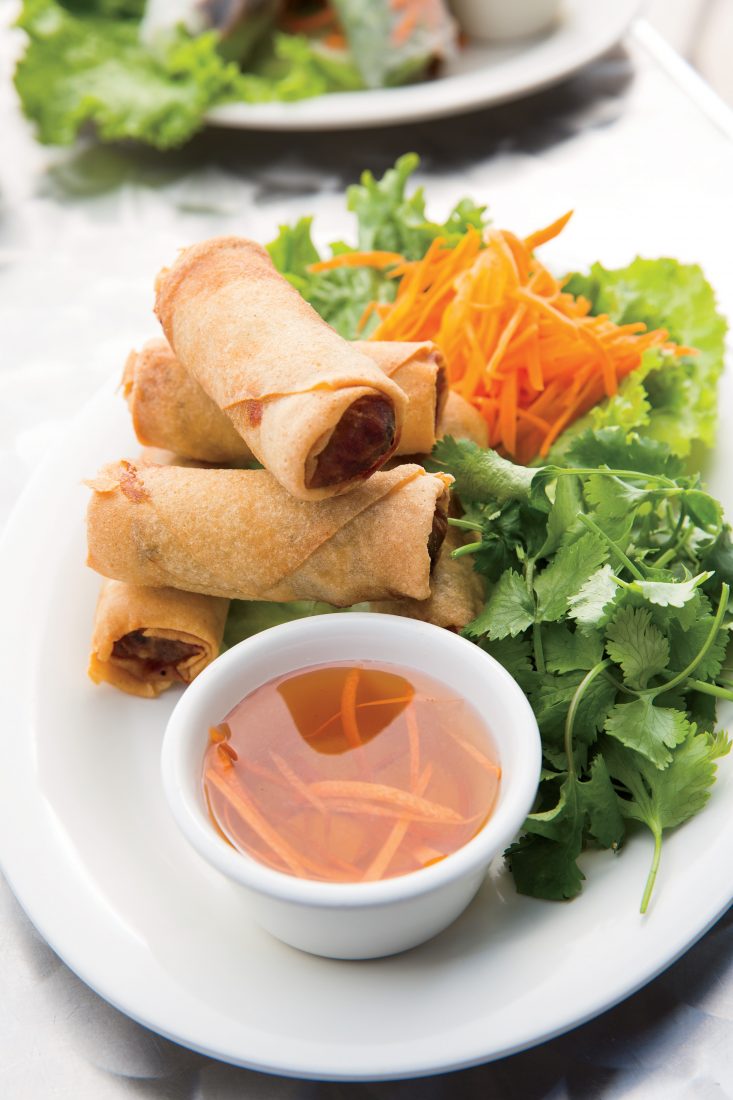 Egg rolls ready for dipping in nuco cham at b10 Vietnamese Cafe.