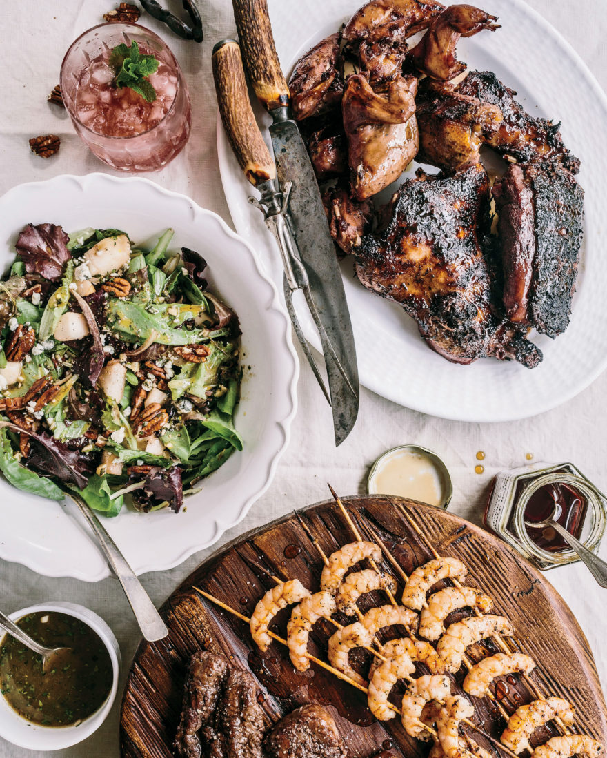 The author's syrup-slathered feast, with shrimp, elk, game birds, and a Pappy Van Winkled-fueled cocktail.