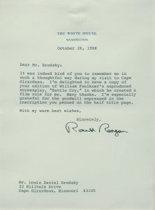 A letter from President Reagan to scholar Daniel Brodsky after he received a copy of Battle Cry.