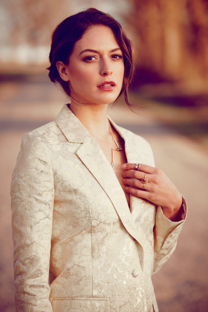 Floral brocade jacket, $350, by ERIN Erin Fetherston; necklace, $290, by Lady Grey; ultra mini double pearl band ring, $335, by Vita Fede; 18-karat pink gold double spike ring with champagne diamonds, $7575, by Ileana Makri.