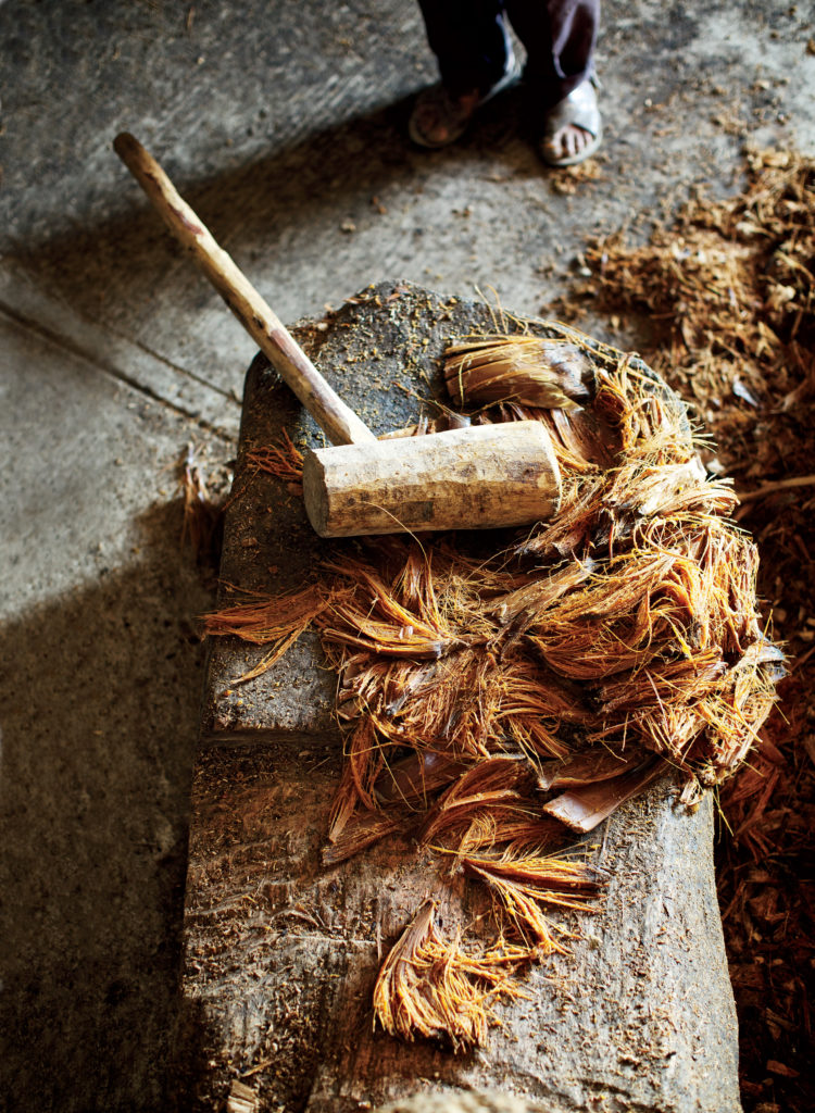 Some mezcaleros pound the roasted maguey with a wooden mallet to loosen the caramelized fibers before fermentation.