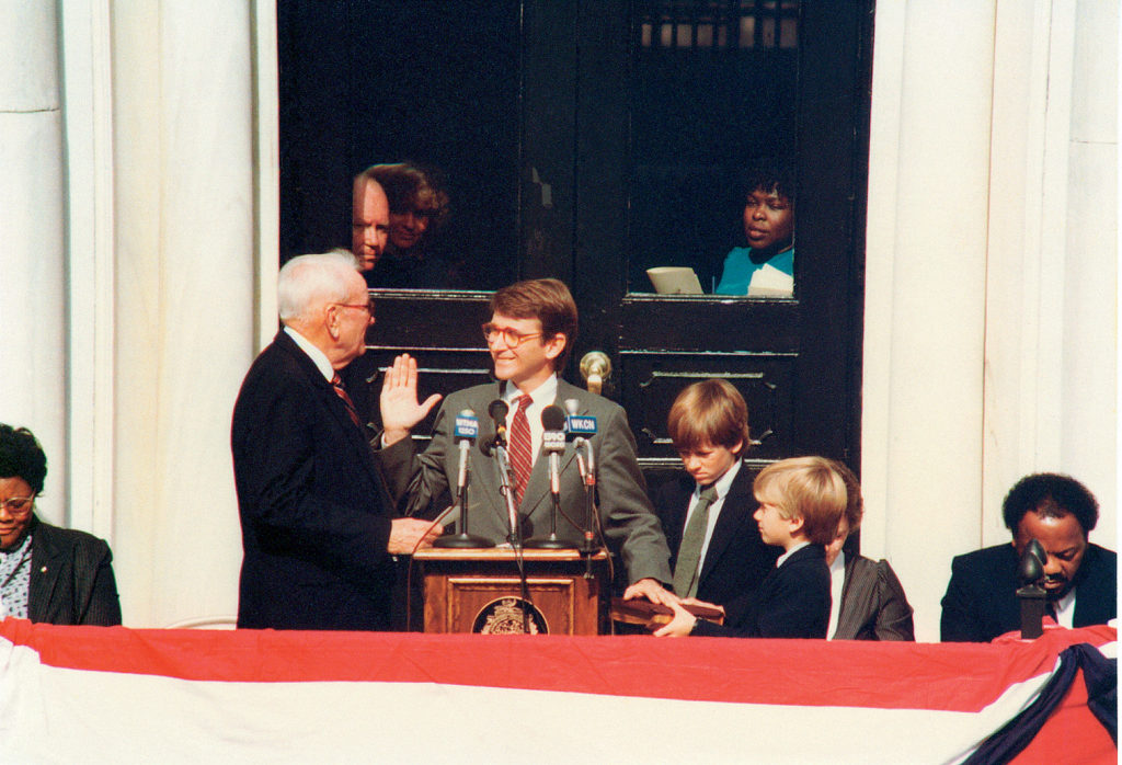 The mayor is sworn in for his second term, in 1980.