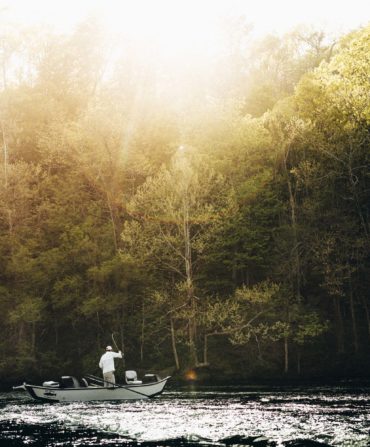 A man casts his line on the Watauga River in the morning.