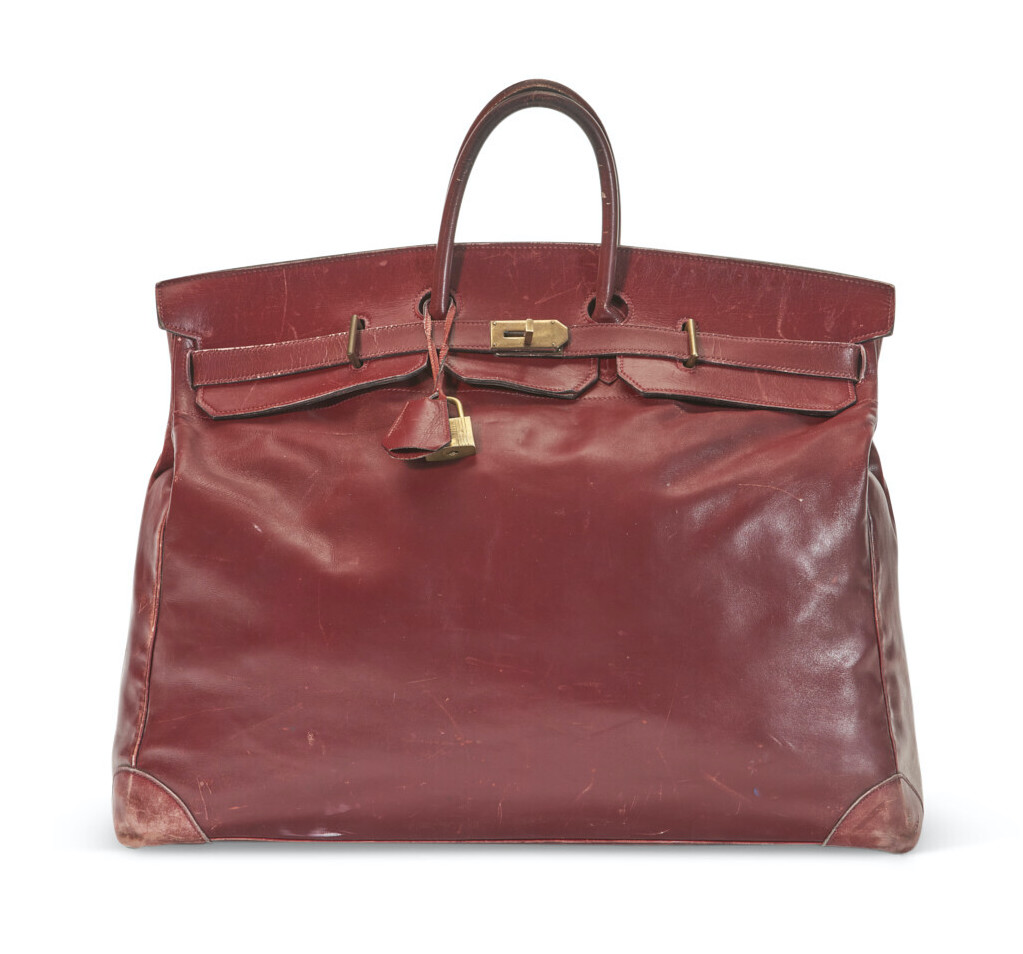 A PERSONALIZED ROUGE H CALF BOX LEATHER HAC BIRKIN 55 WITH GOLD HARDWARE 1