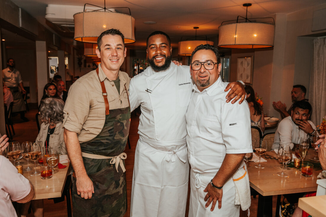 From left: Chef Alex McPhail of Restaurant IRON, chef Darian Hernandez of Brother Fox, and chef George Lazi of George Bistro + Bar and Pearl & Horn.
