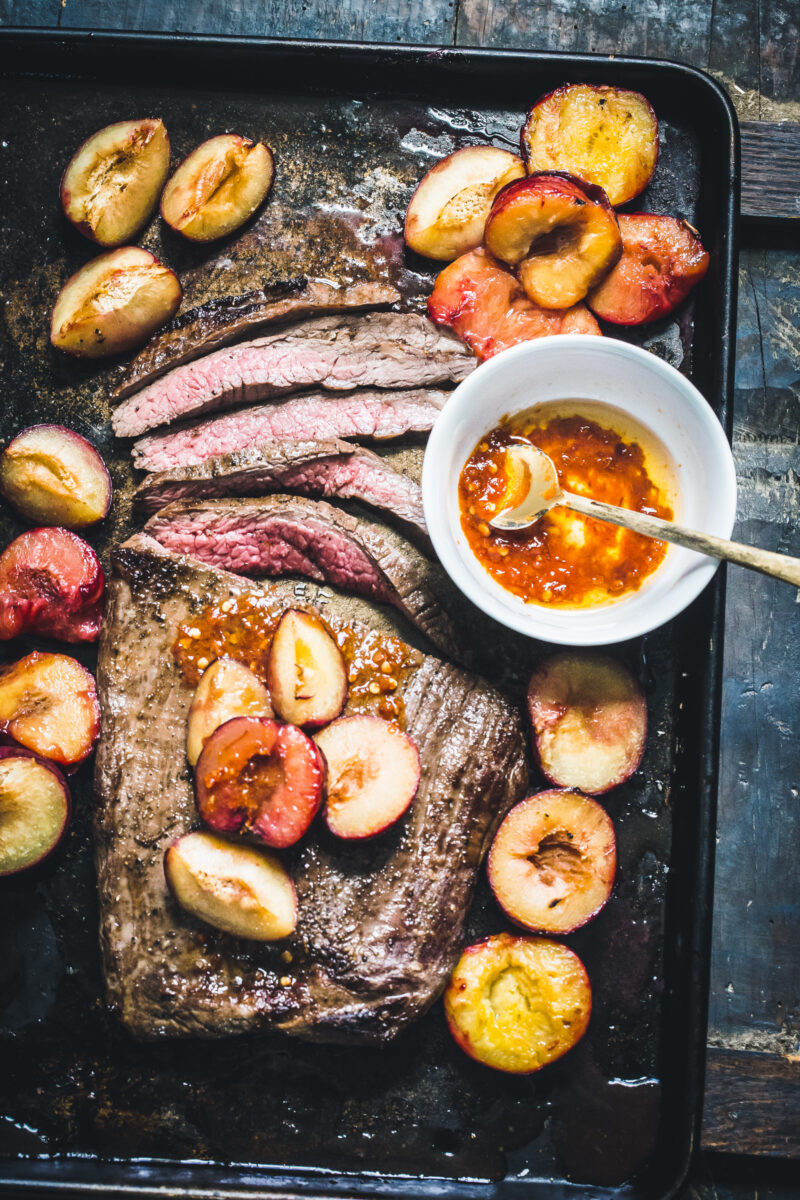 Broiled Flank Steak with Plums and Chili Garlic Oil Garden & Gun
