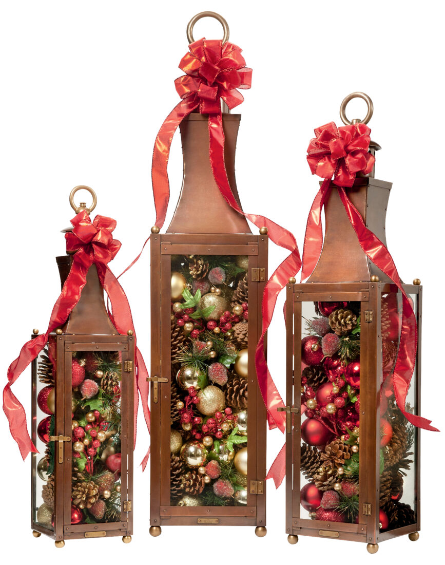 Description: Bevolo hand-riveted antique copper lanterns, $500-750. 