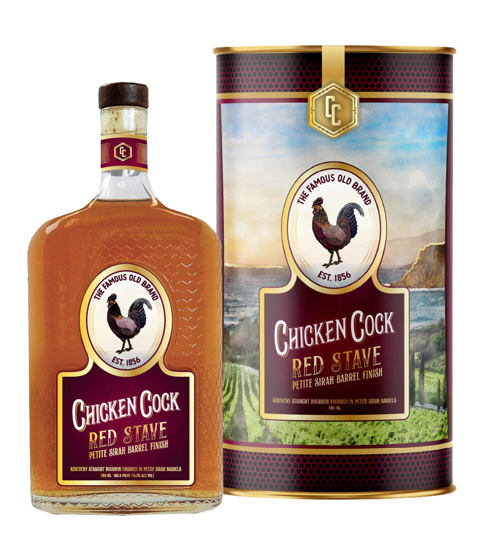 Description: limited-edition amber-hued bottle of Chicken Cock Whiskey, $200.