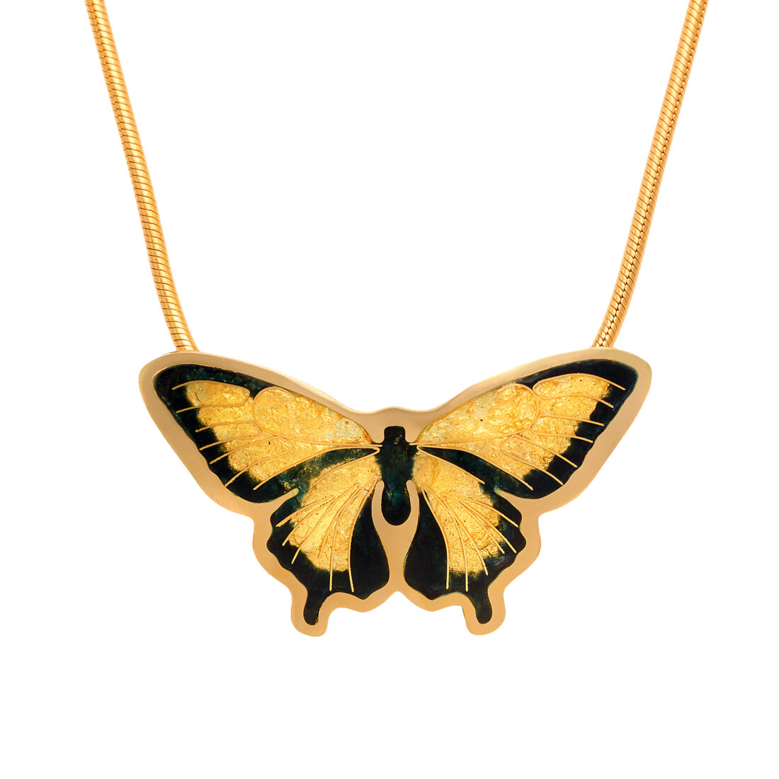 Description: Shirley Matteson's "Lovey" swallowtail butterfly necklace is crafted of eighteen-carat solid gold, enhanced with cloisonne enameling artwork, and accompanied with a chain and rosewood box, $1,350.