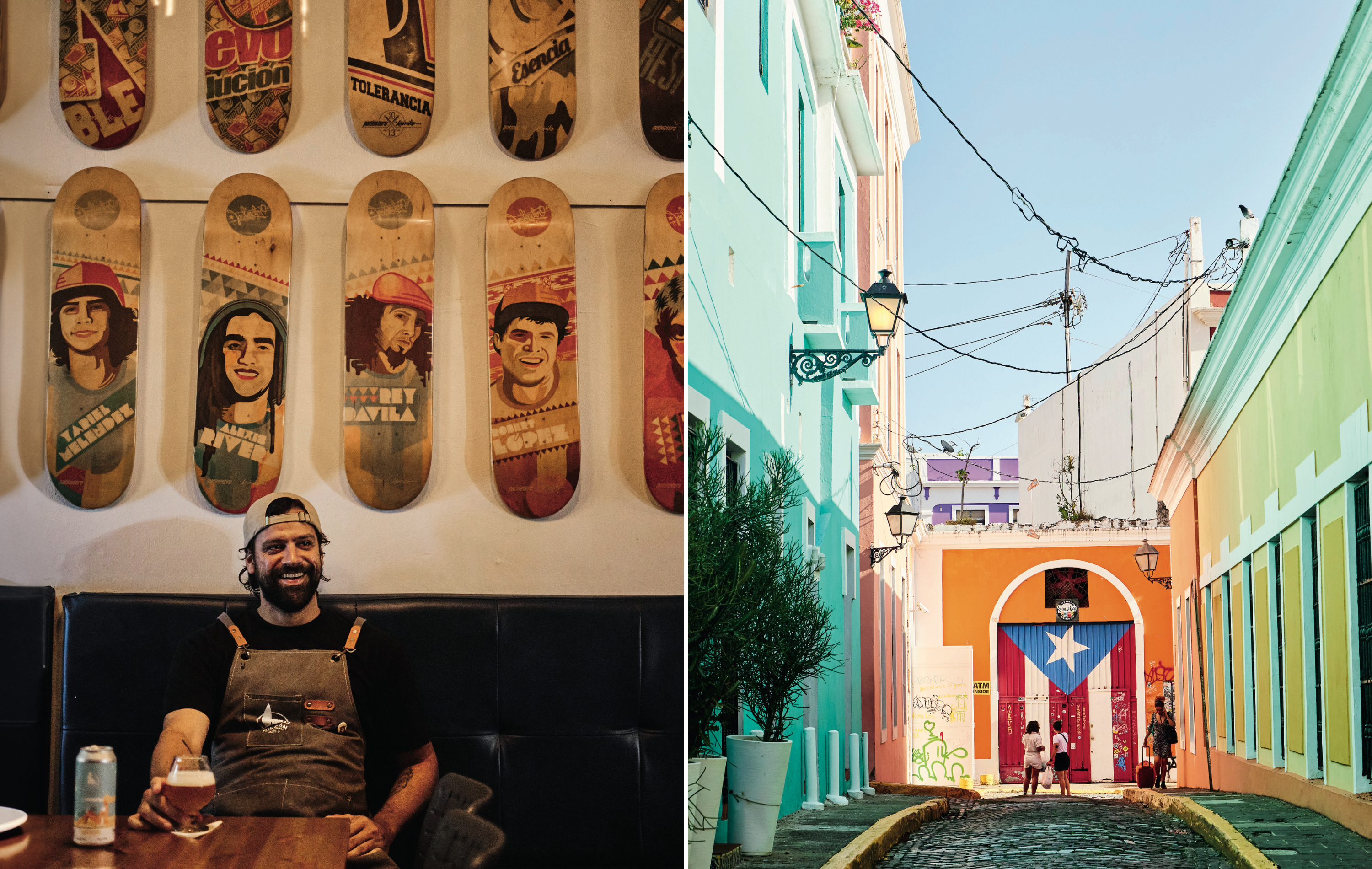 A collage of two images. Left: A man sits in a booth with a glass of beer; he is wearing overalls and a hat. Above him, there are skateboard decks with faces of men. Right: A colorful streetscape; three people walk in the middle, where there is a Puerto Rican flag painted on one building.