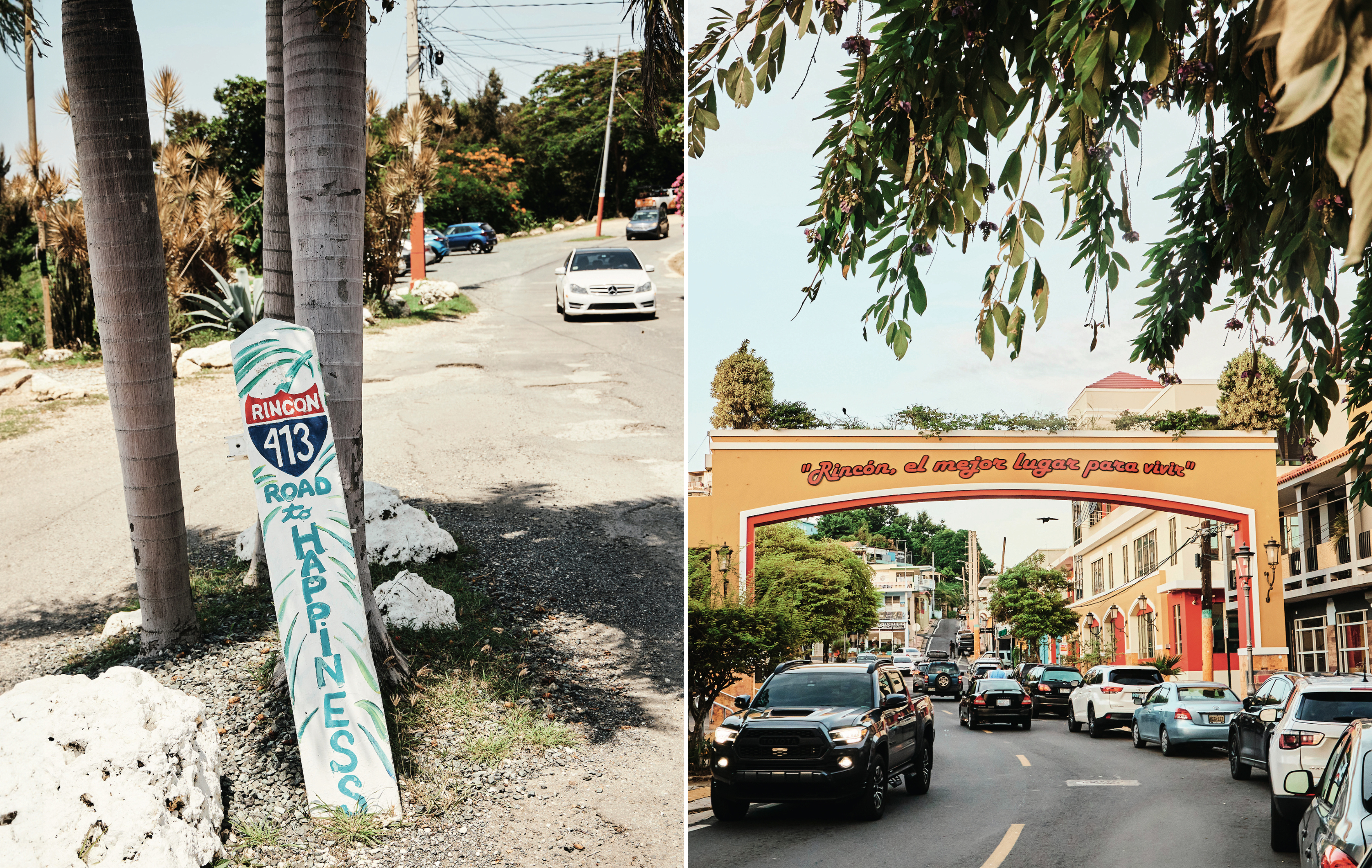 A collage of two images. Left: A painted sign shows "Rincon 413: Road to Happiness." Right: Cars on a street with orange and yellow buildings and trees.