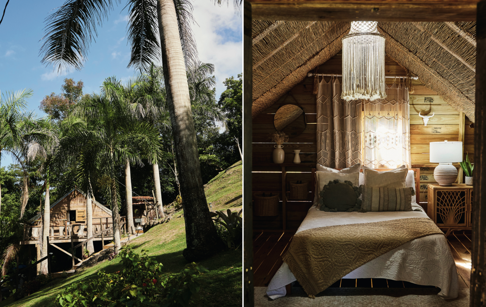 A collage of two images. Left: A treehouse-like guest house on the side of a hill with palm trees. Right: A cozy room with beige details and an a-frame ceiling.