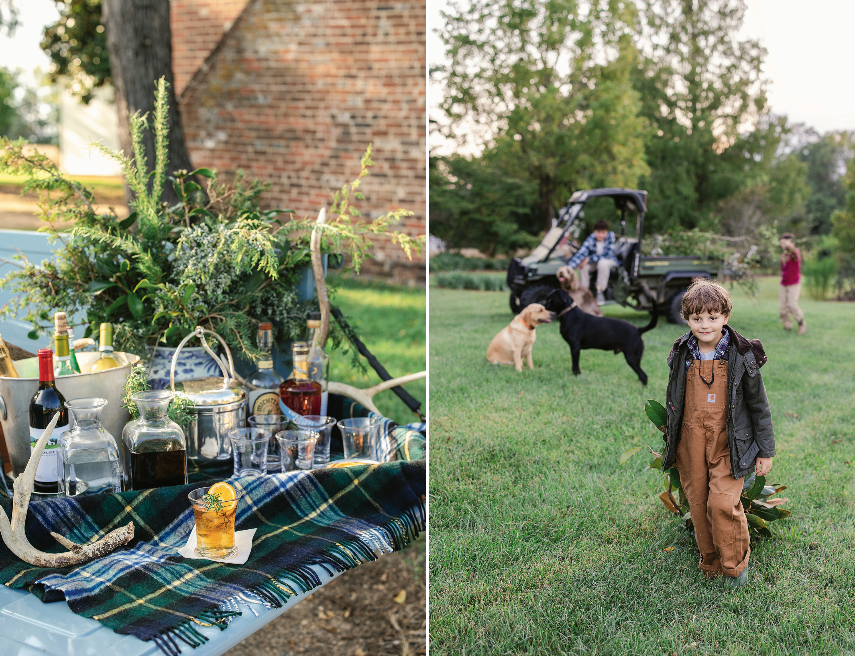 A collage of two images. Left: Shed antlers and foraged greenery decorate a pop-up bar on the back of Mr. Anderson, a restored 1954 GMC pickup. Right: Boys carry greenery in a yard with two labs.