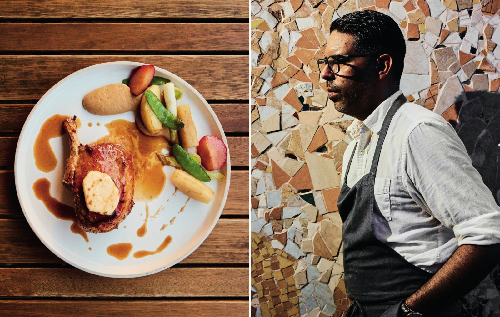 A collage of two images. Left: A pork chop on a white plate with sauce and sliced apples and plums; the plate is on a wood background. Right: A chef's portrait; he is wearing glasses and an apron with his hands tucked into his pockets.