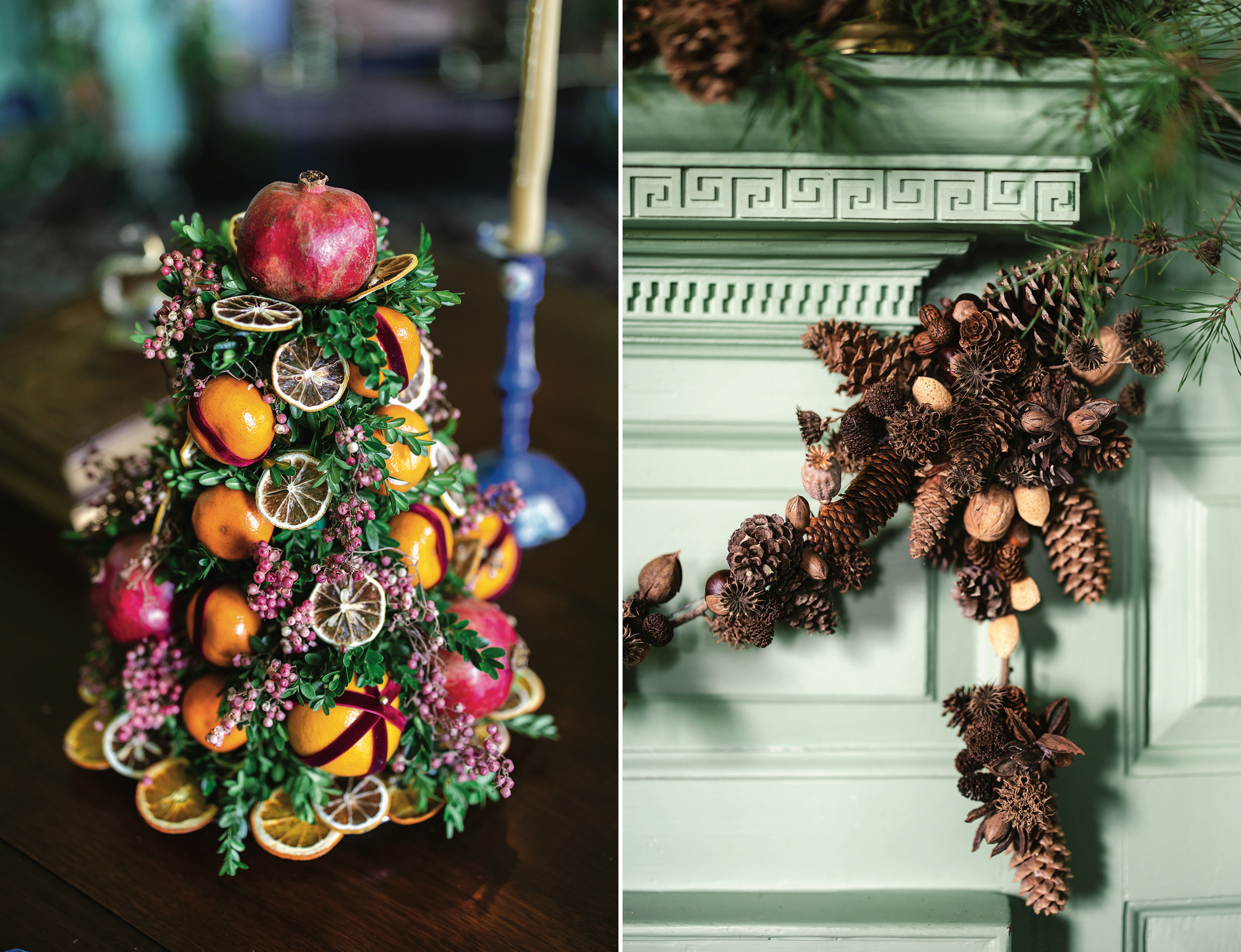 A collage of two images. Left: A tree-shaped decoration made of boxwood sprigs, ribbon, pomanders, dried pepperberry, and citrus slices. Right: A garland of foraged seed pods on a green mantle.