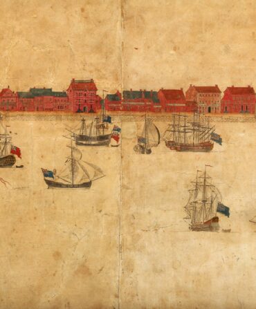 A yellowed print of a long landscape of the Charleston harbor with ships and red buildings