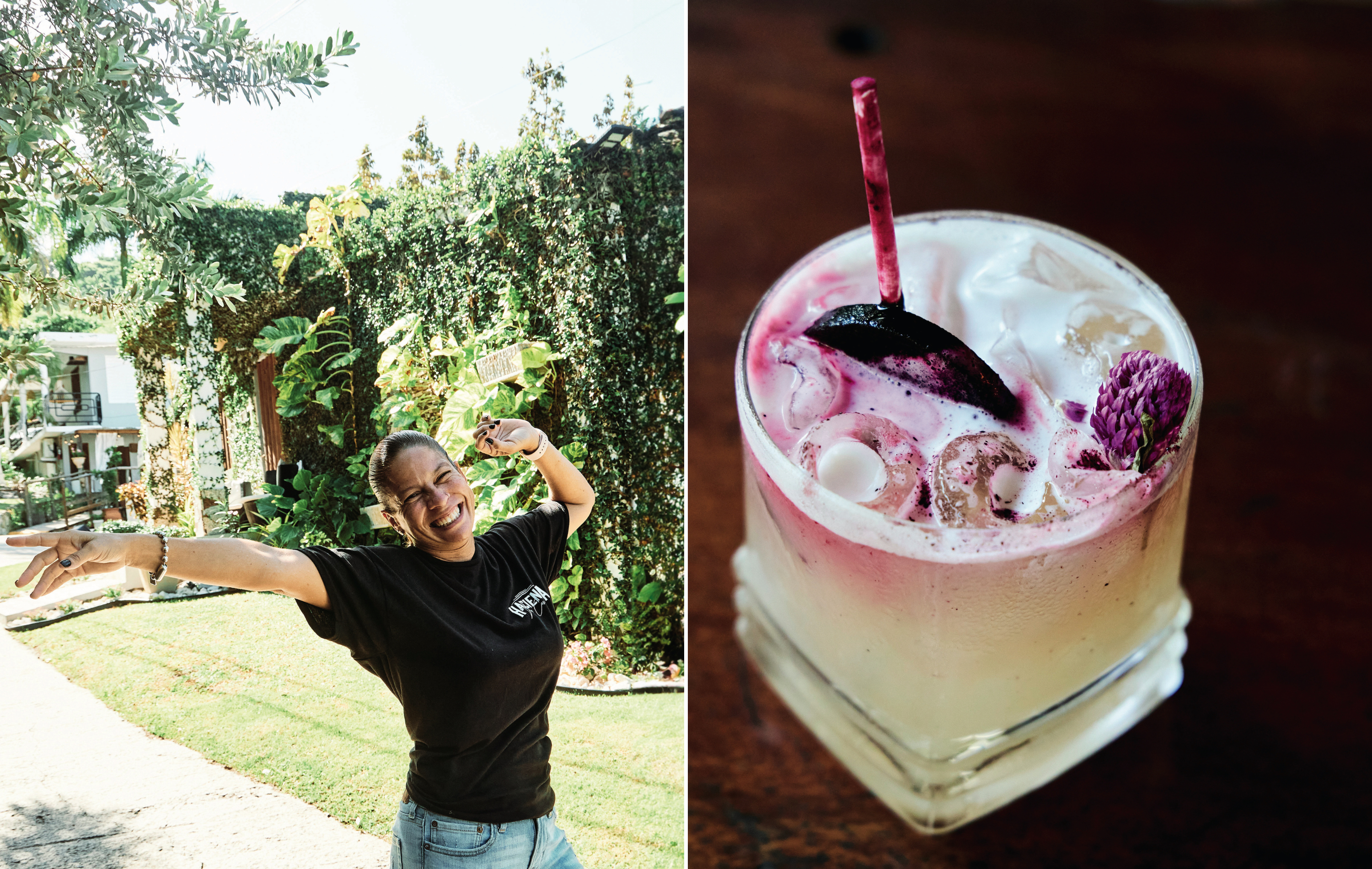 A collage of two images. Left: A woman raises her arms and smiles, wearing a black shirt. Right: A foamy cocktail with purple clover and powder.