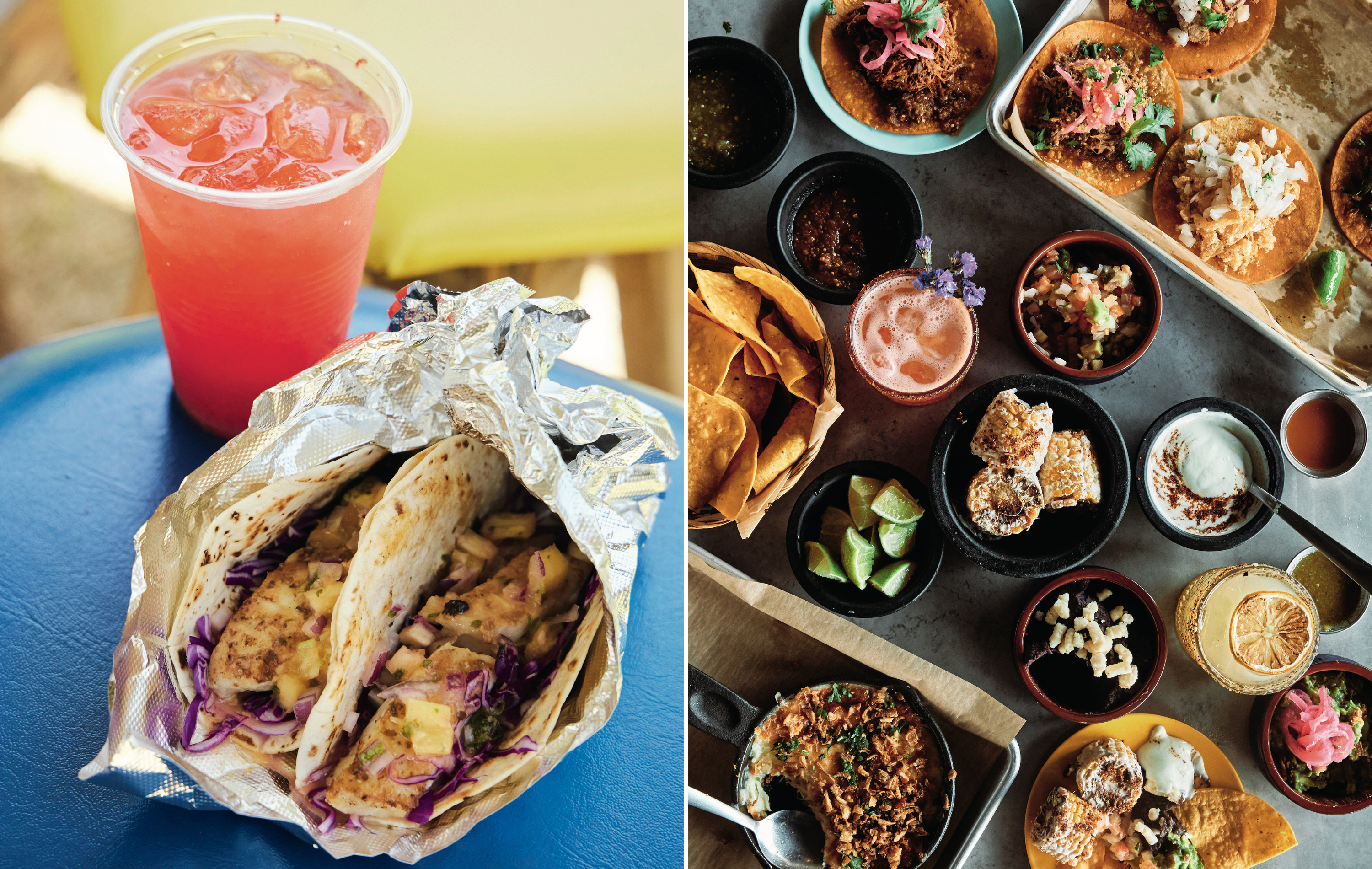 A collage of two images. Left: Two tacos wrapped in foil with a red drink in a plastic cup behind it. Right: A spread of chips, corn, dips, drinks, and tacos on a concrete tabletop.
