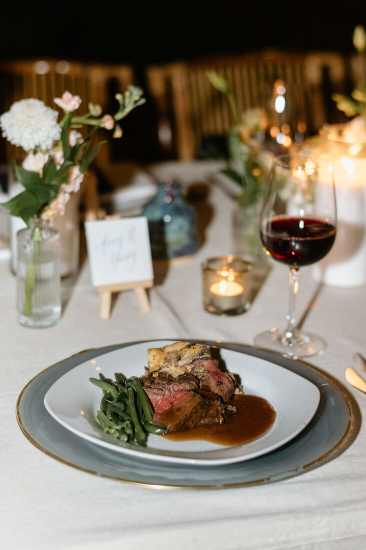 Porcini-dusted beef tenderloin with mushroom short rib bread pudding and bordelaise sauce prepared by chef Scott Krause.