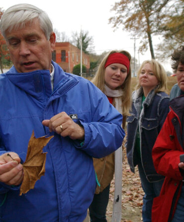 An older man holds a leaf with children behind him