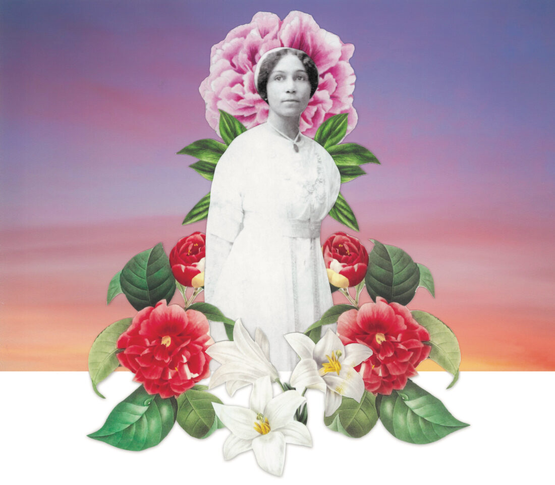 A collage of a woman with flowers against a sunset