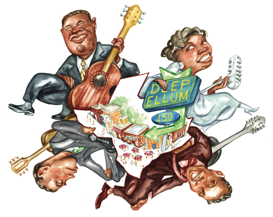 An illustration of four musicians coming out of a Texas shape; in the middle is an illustration of a town and rows of shops