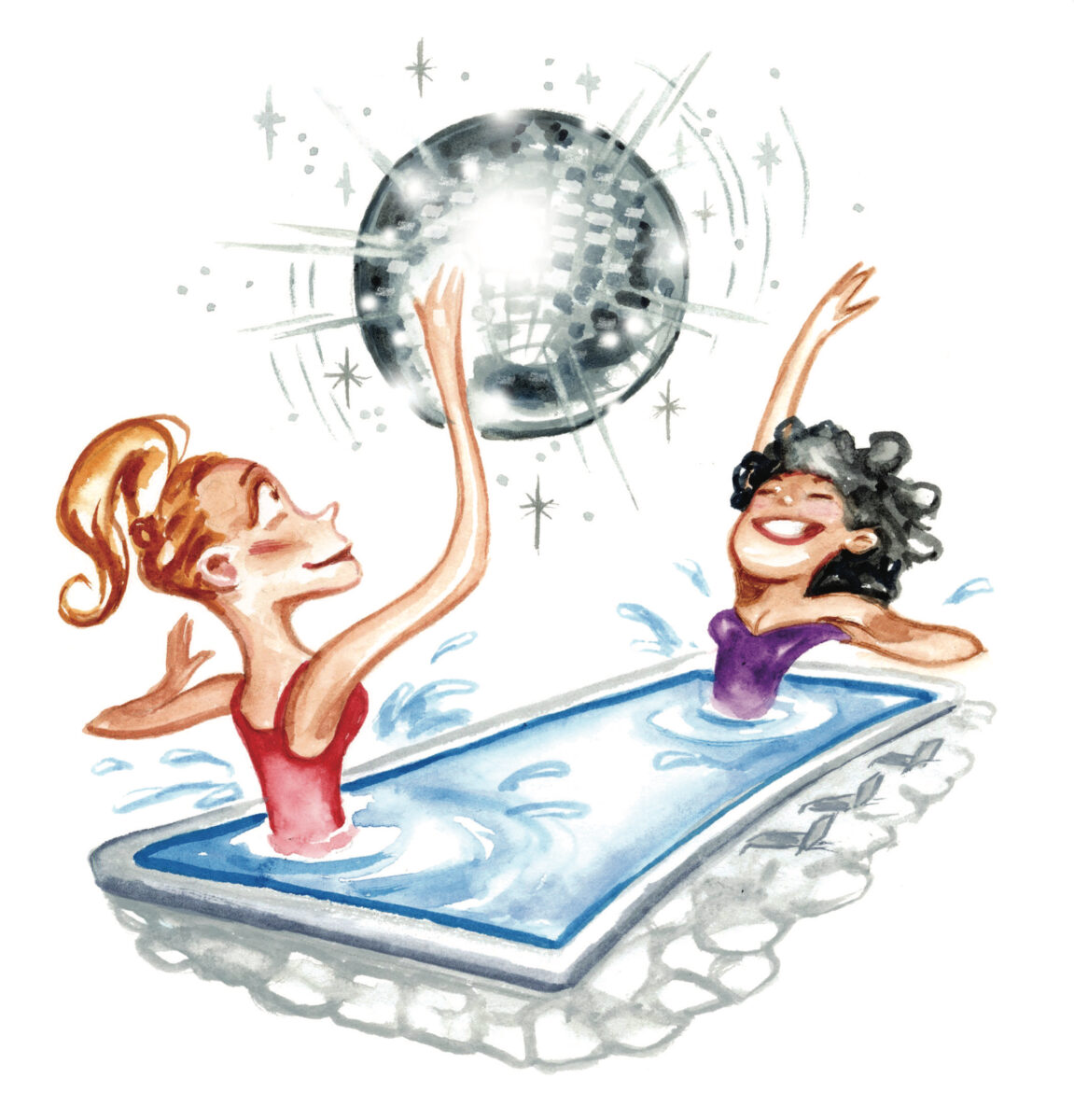 An illustration with two women in a pool, they are dancing with a disco ball above them