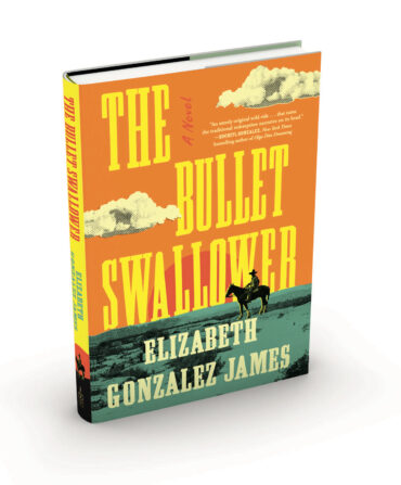 An orange, teal, and yellow cover of "The Bullet Swallower." It shows two clouds, a cowboy on a horse, and a desert landscape