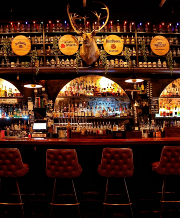 Burgundy colored quilted leather barstools line a dark wooden bar counter, behind which is a wall full of alcohol bottles, dim yet warm backlighting, and a mounted deer head.