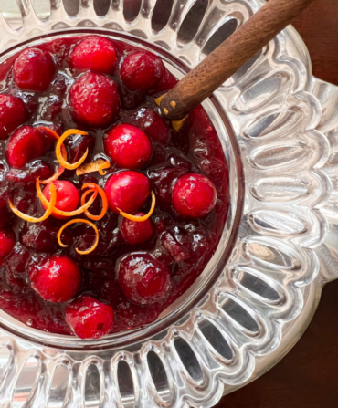 Cranberry sauce in a silver bowl