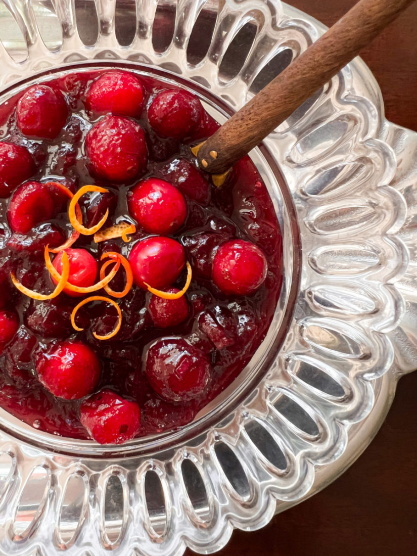 Cranberry sauce in a silver bowl