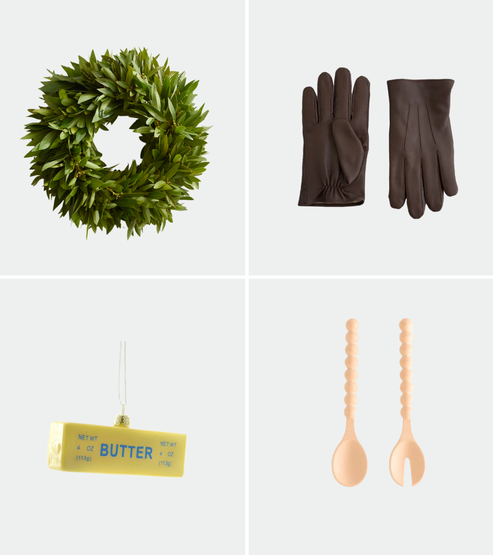 A grid of four items: a wreath, gloves, a butter stick ornament, and spoons