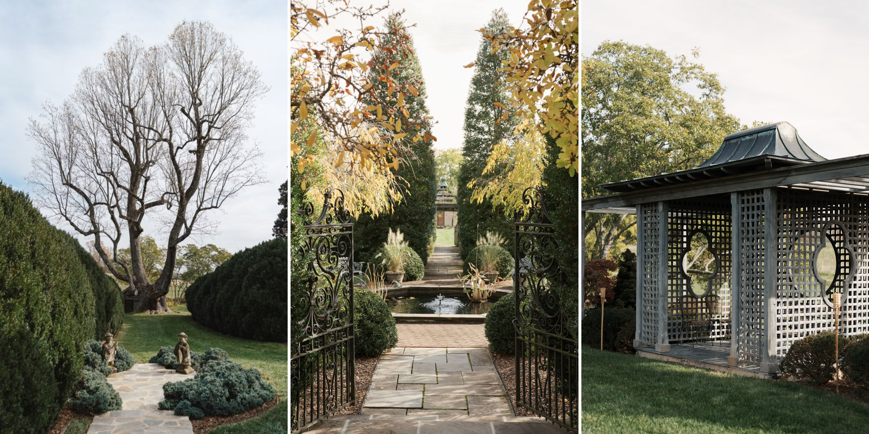 A collage of three images: Asian sculptures in the garden; iron gates lead to a fountain; a wood structure.