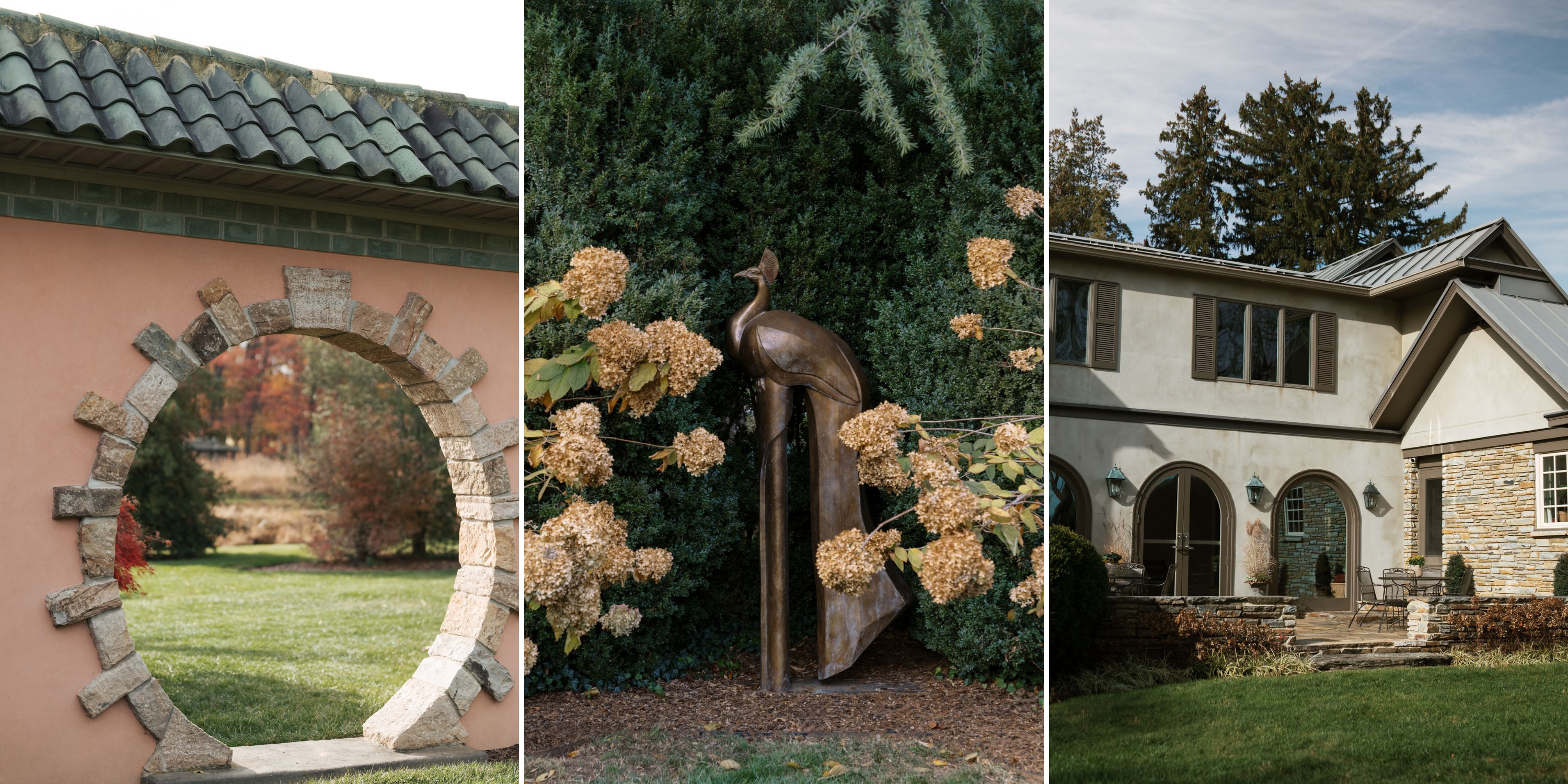 A collage of three images: A circular moon gate in a wall; a peacock sculpture in a garden; a stately house