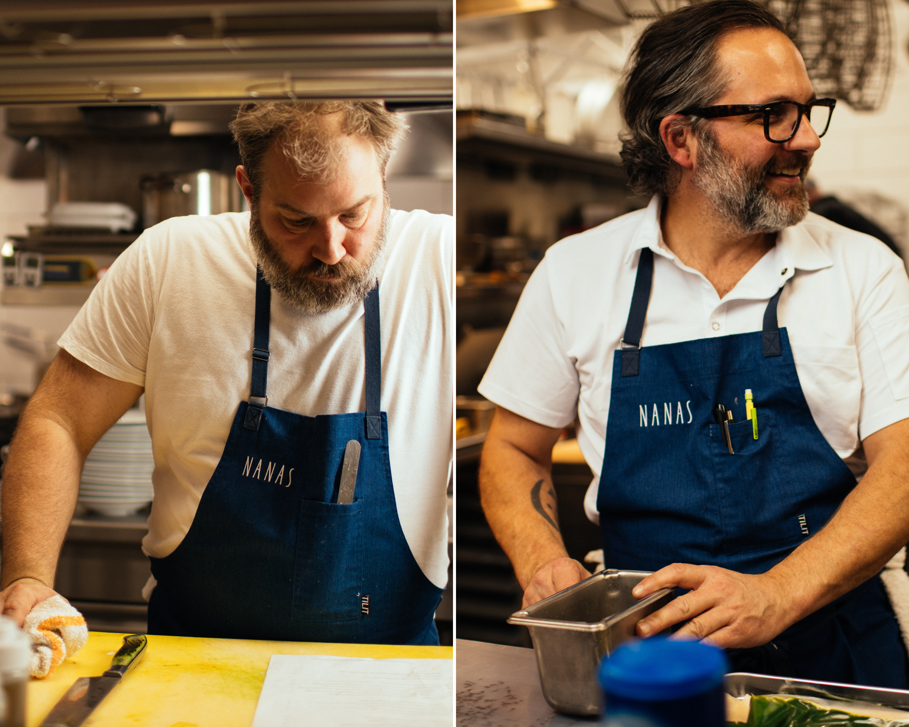 A collage of two men wearing aprons in a kitchen