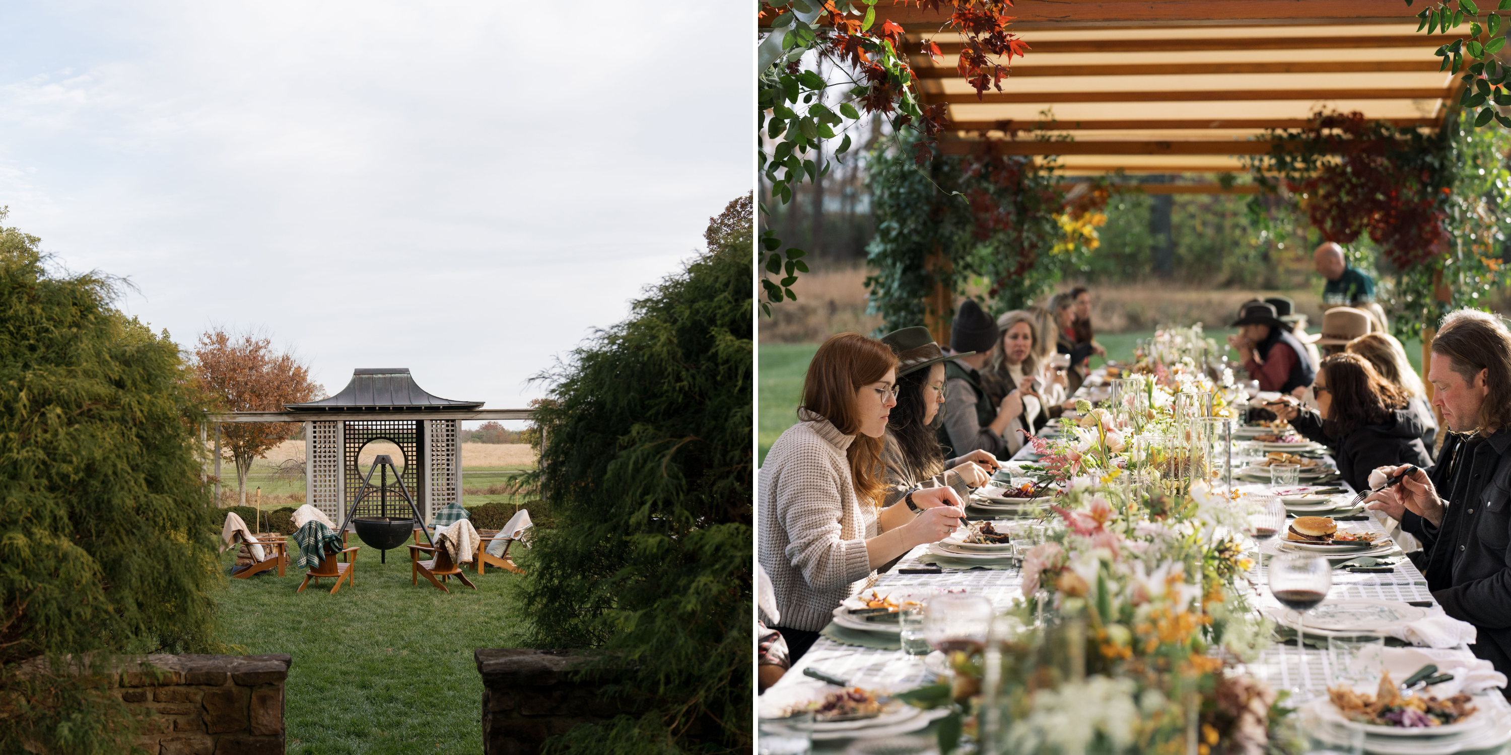A collage of two images: A fire pit with chairs around it in a garden; diners at an al fresco table