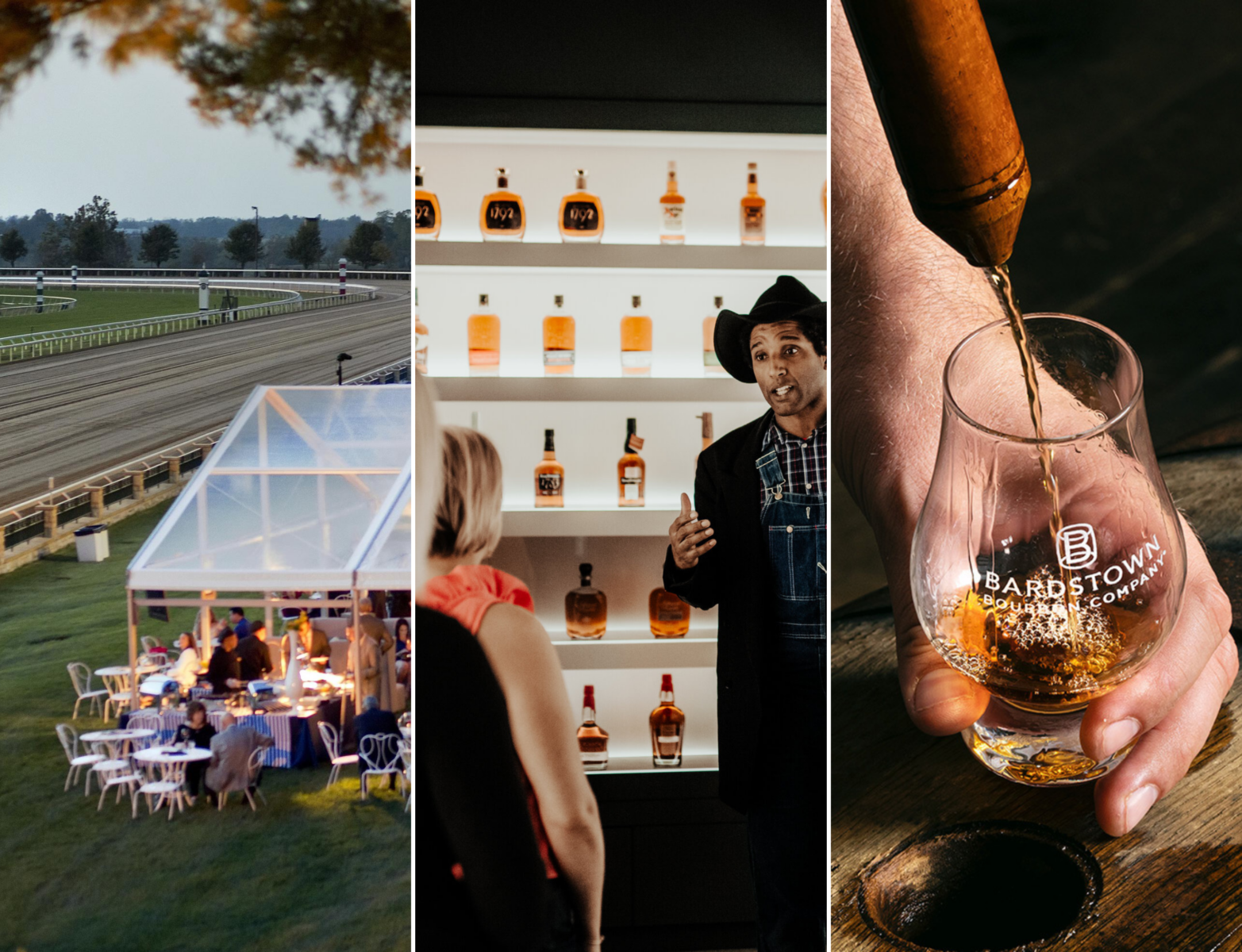 A collage of three images. A tent by a horse racetrack; a man talks in front of shelves of whiskey and bourbon; a hand pours bourbon.