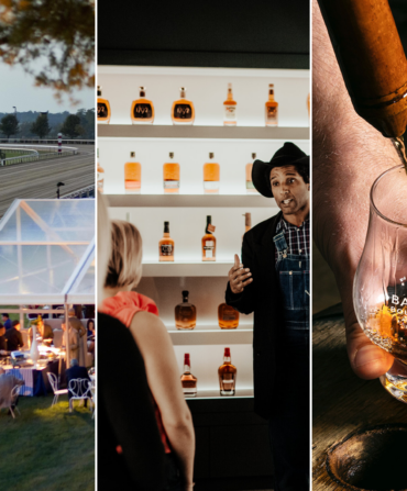 A collage of three images. A tent by a horse racetrack; a man talks in front of shelves of whiskey and bourbon; a hand pours bourbon.