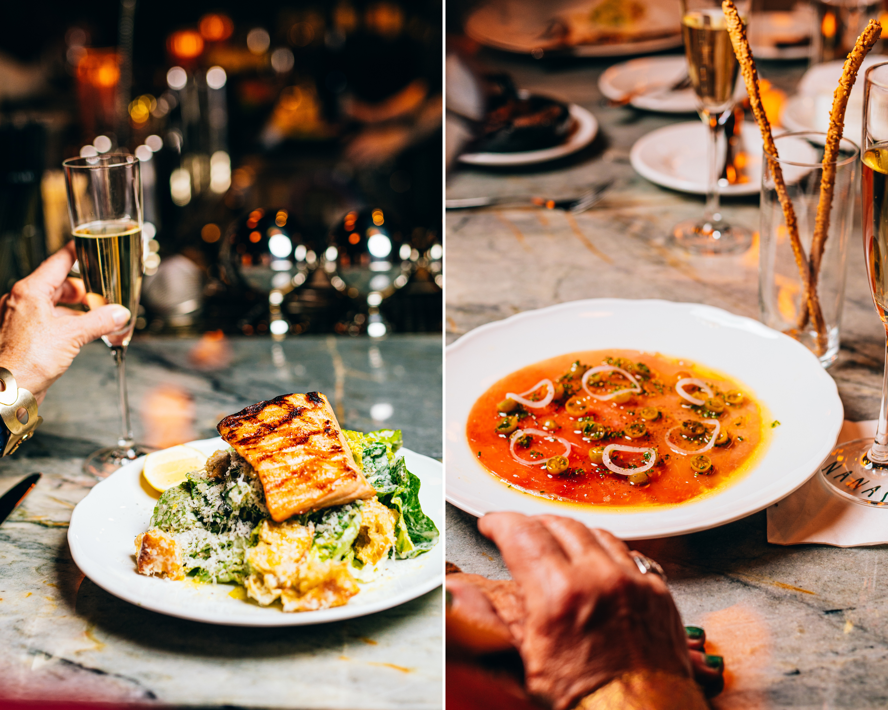 A collage of two imageS: Salmon caesar and yellowfin tuna carpaccio.