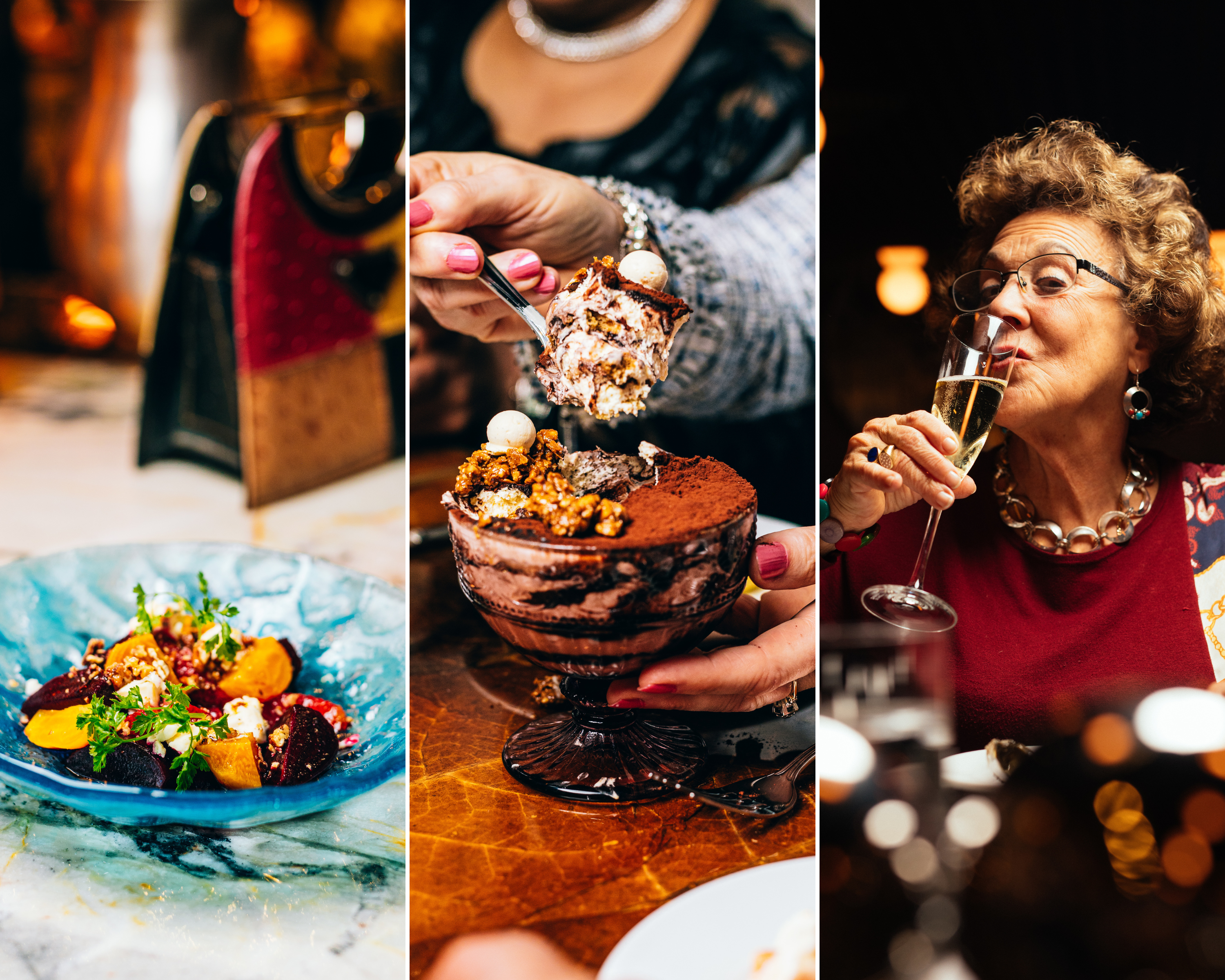 A collage of three images: beets on a blue plate; a hand scooping tiramisu; a woman drinking a glass of champagne
