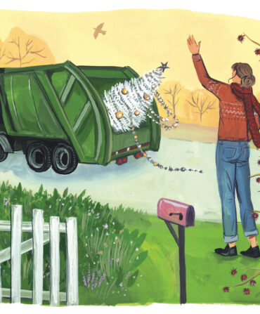 An illustration of a woman wearing a sweater and scarf waving down a garbage truck carrying a huge decorated Christmas tree