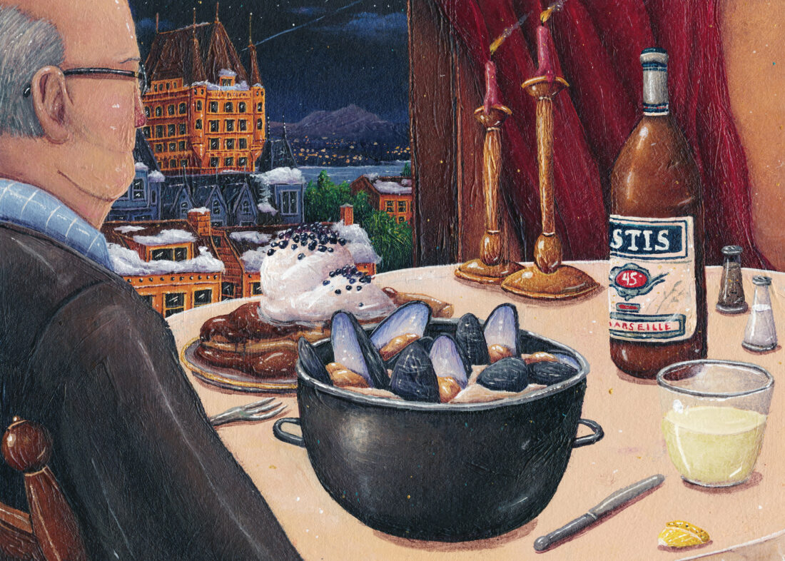 An illustration of a man, in side profile, at a dinner table with a bowl of mussels, dessert, and wine