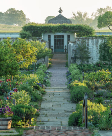 A path leads to a greenhouse through a lush garden
