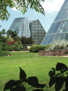 A cone-shaped glass greenhouse surrounded by grass and landscaping