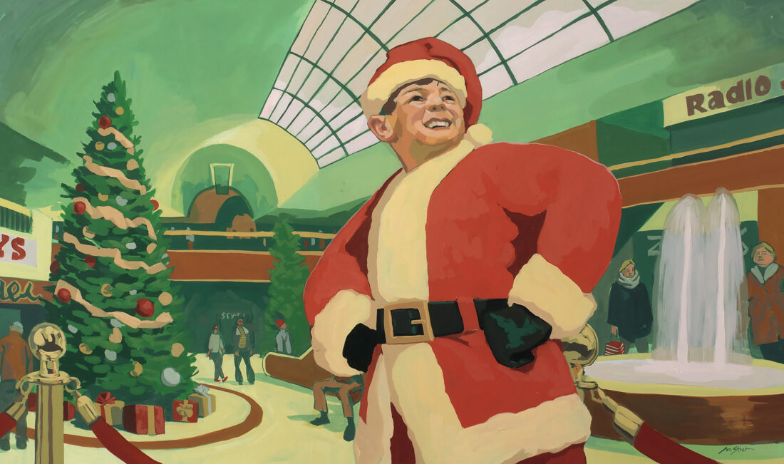 An illustration of a boy wearing a Santa costume in a mall with a Christmas tree