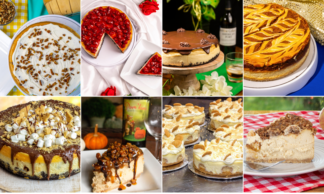A collage of eight images; all are decadent cheesecakes on plates