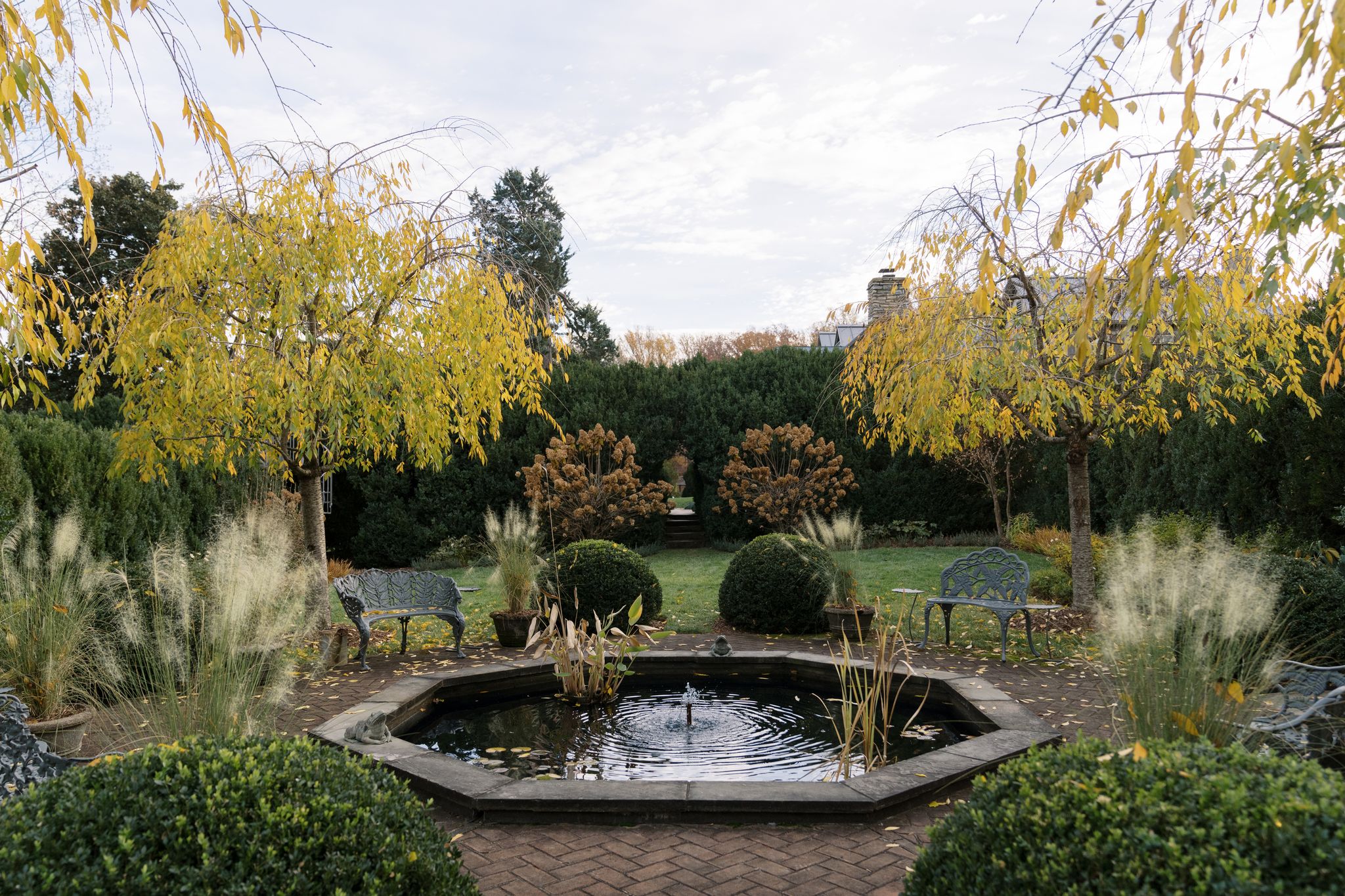 A fountain in a garden with yellow trees and bushes