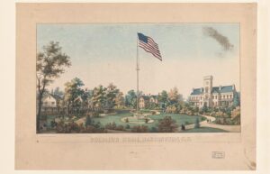 An illustrated lithograph of the Soldiers’ Home, in newly constructed buildings not far from the cottage. An American flag pole stands in the middle of the grounds.