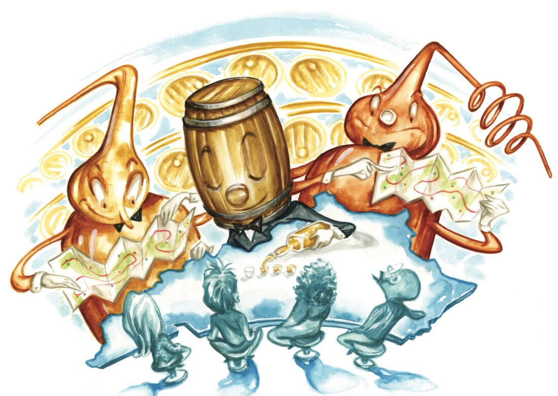 An illustration of personified objects (a bottle of bourbon and two metal stills) pouring glasses of bourbon for four people